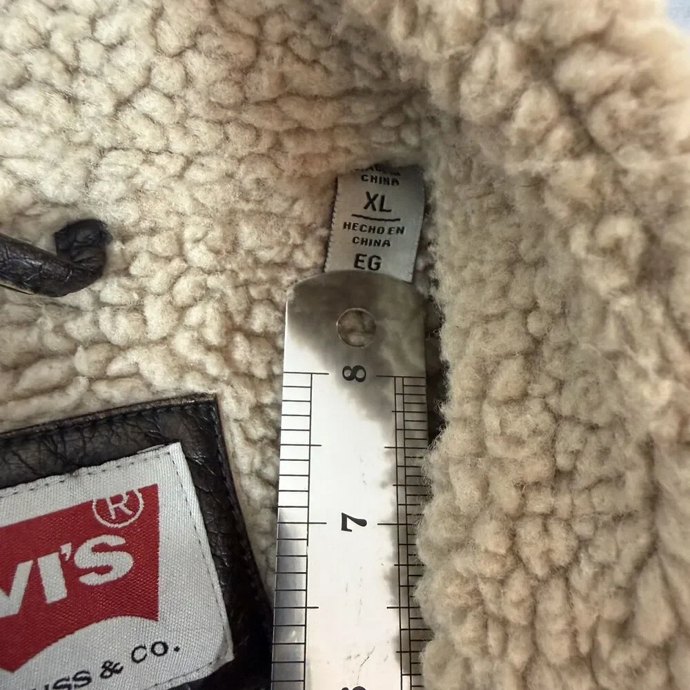 Levis Mens Faux Leather Sherpa Jacket XL Brown Aviator Bomber Utility NO PEELING